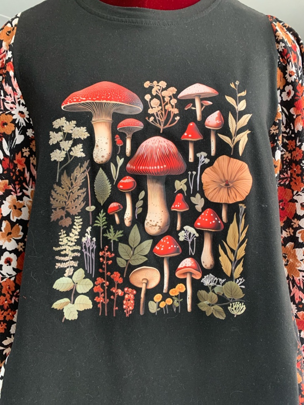 Upcycled Black Mushroom Graphic Tee with Autumn Floral Kimono - Picture 2 of 5